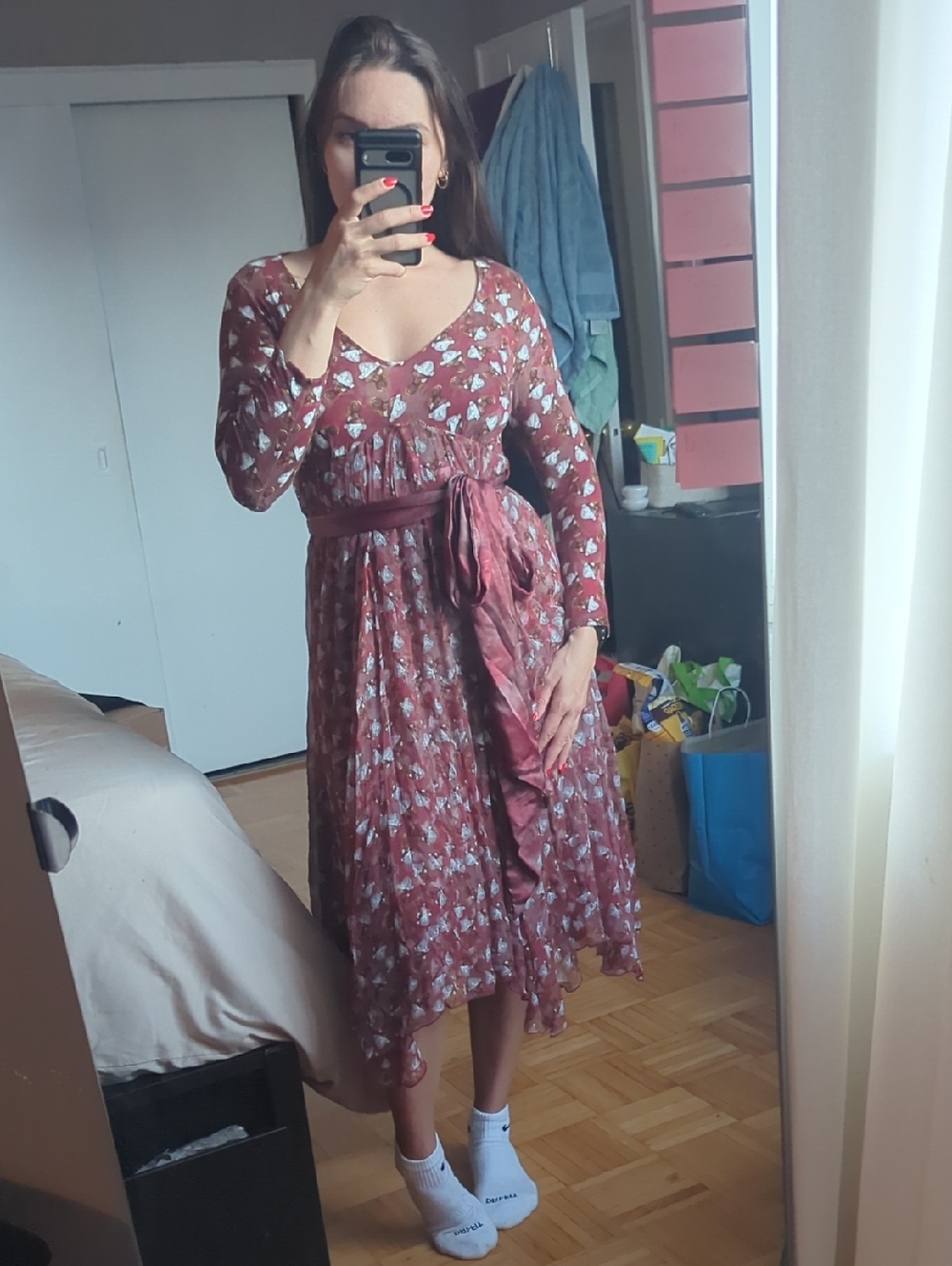 Stella McCartney Mauve Rust Floral Midi Dress with Tie Waist - Picture 2 of 5